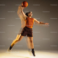 Athletic woman jumping for basketball slam dunk