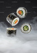 Fresh sushi rolls levitating on smoky dark background