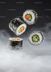 Fresh sushi rolls levitating on smoky dark background