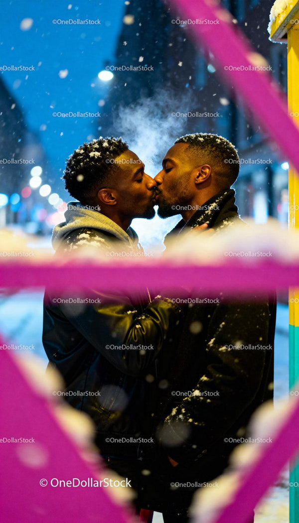 Couple Sharing a Tender Kiss on a Snowy Winter Night