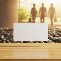 Blank white sign on wooden surface with people walking