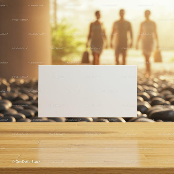 Blank white sign on wooden surface with people walking JPG Mockup Image