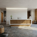 Modern spa reception with natural wood and stone design