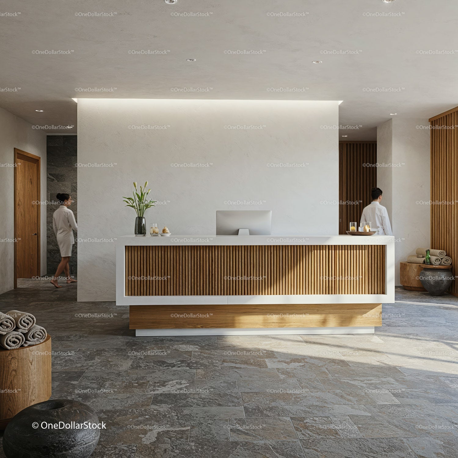 Nowoczesna recepcja spa z naturalnym drewnem i kamieniem