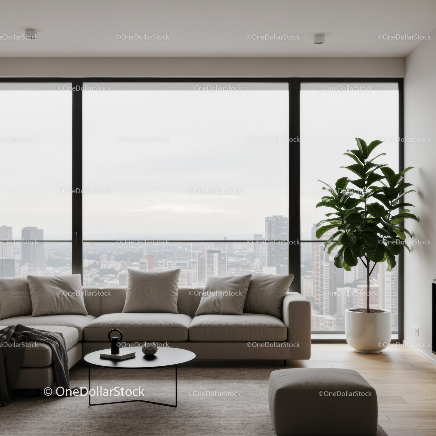 Spacious Modern Living Room with Large Windows and City View