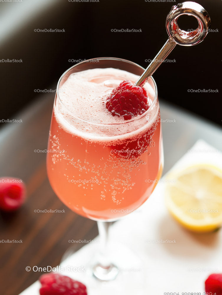 Pink Raspberry Sparkling Cocktail in Elegant Glass