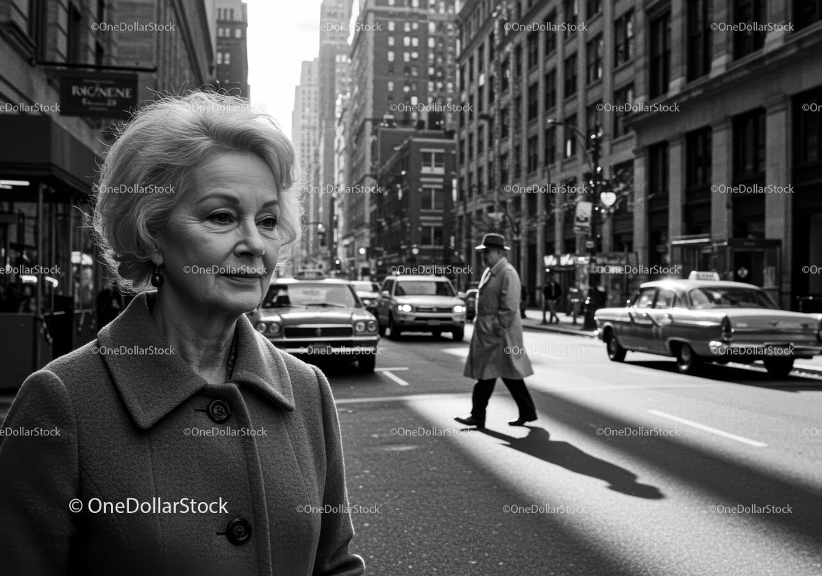Elderly Woman in Busy City Street Surrounded by Vintage Cars