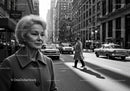 Elderly Woman in Busy City Street Surrounded by Vintage Cars
