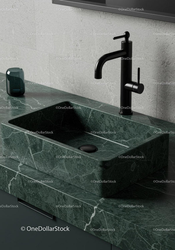 Modern Green Marble Sink with Black Faucet in Contemporary Bathroom