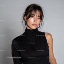 Stylish Young Woman in Black Turtleneck with Hoop Earrings