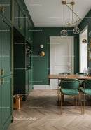 Elegant Green Kitchen with Gold Details and Modern Lighting