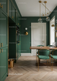 Elegant Green Kitchen with Gold Details and Modern Lighting
