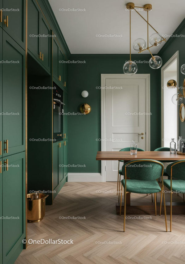 Elegant Green Kitchen with Gold Details and Modern Lighting