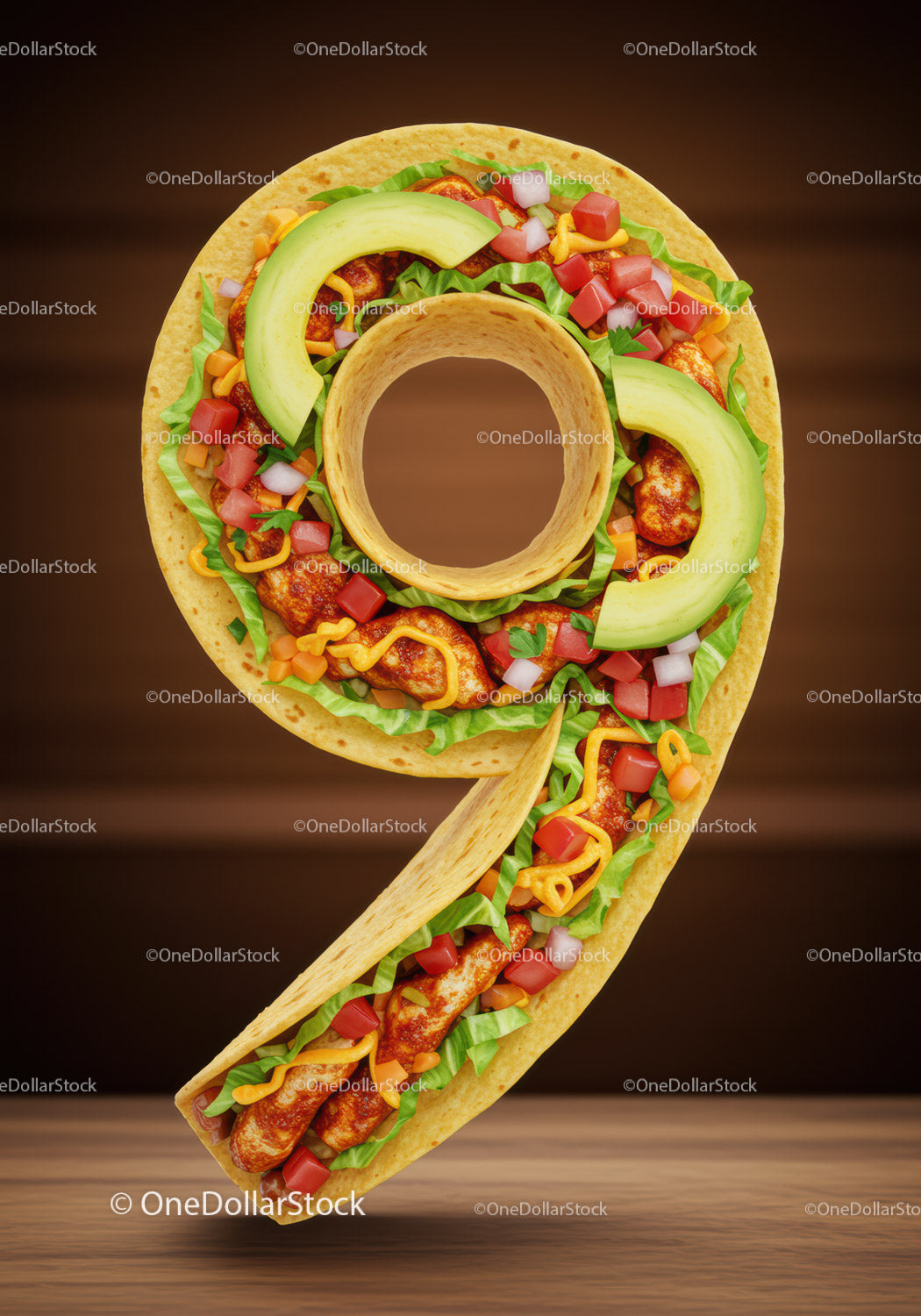 Burrito w kształcie cyfry dziewięć ze świeżymi składnikami