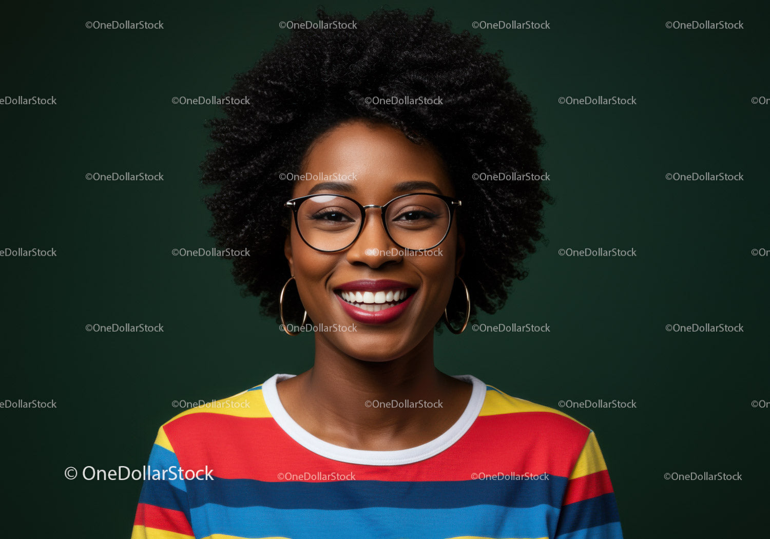 Vibrant Smiling Woman with Curly Hair Wearing Colorful Striped Shirt