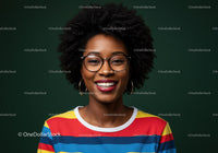 Vibrant Smiling Woman with Curly Hair Wearing Colorful Striped Shirt