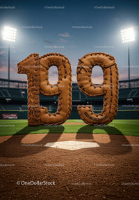 Baseball themed 2019 number on field at dusk