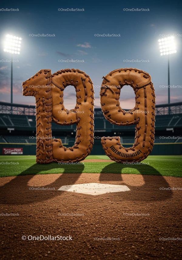 Baseball themed 199 number on field at dusk