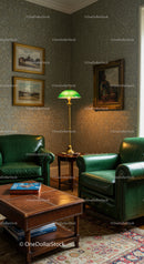 Cozy vintage living room with green leather armchairs