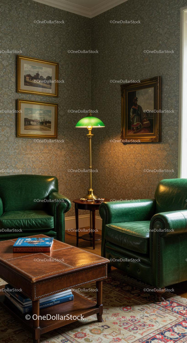 Cozy vintage living room with green leather armchairs