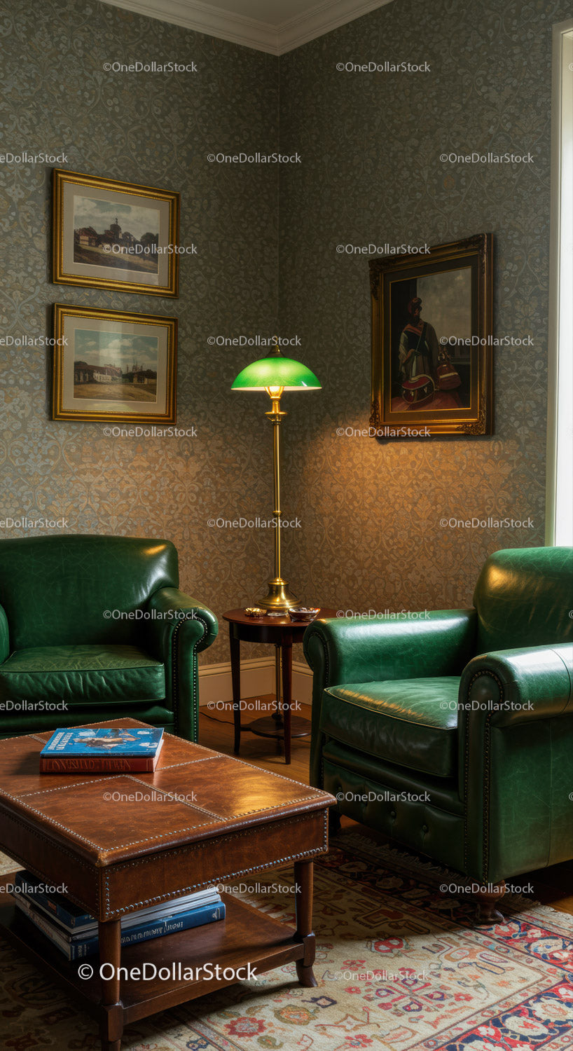 Cozy vintage living room with green leather armchairs