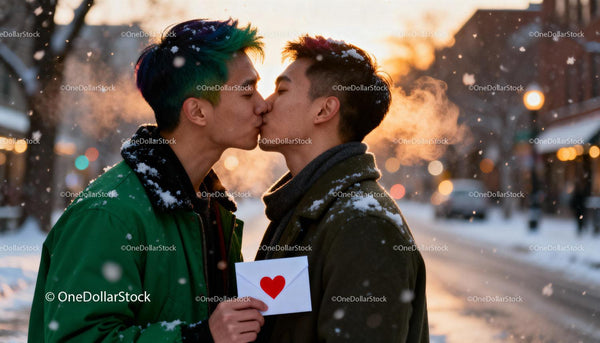 Couple Sharing a Tender Kiss on Snowy Winter Evening