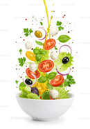 Fresh Mediterranean Salad Ingredients Splashing in Bowl
