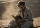 Young Man Sitting on Sand Reading Book in Desert Landscape