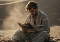 Young Man Sitting on Sand Reading Book in Desert Landscape