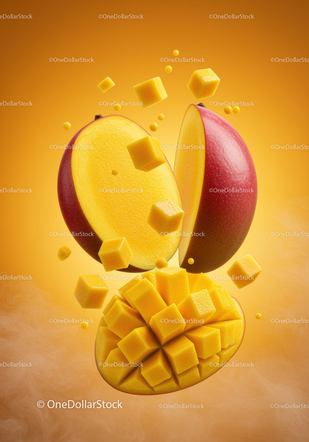 Fresh mango slices and cubes floating in air