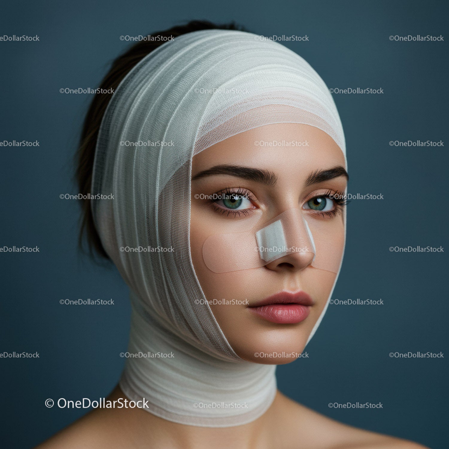Woman with Head and Face Wound Carefully Covered by Medical Bandages