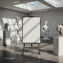 Modern art gallery with sculptures and blank canvas