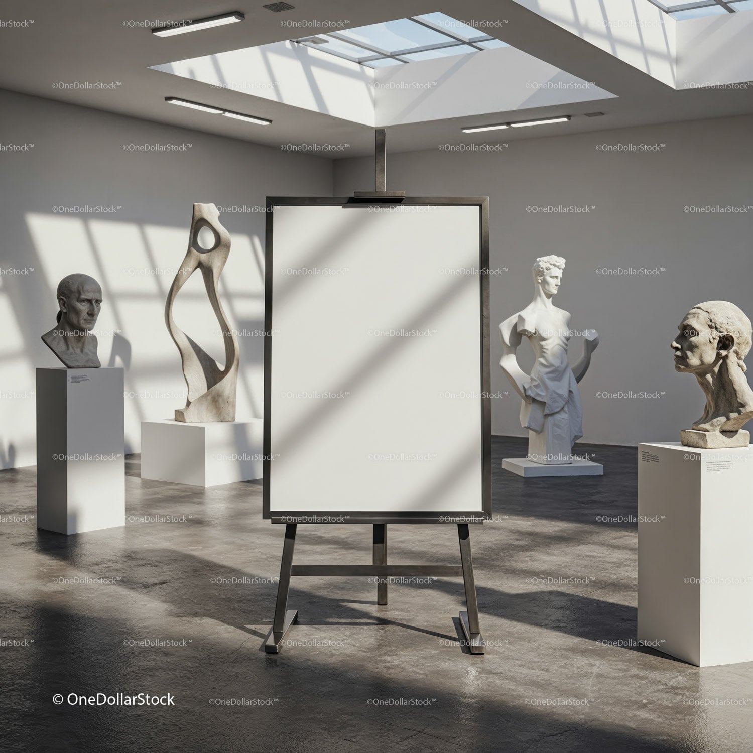 Modern art gallery with sculptures and blank canvas