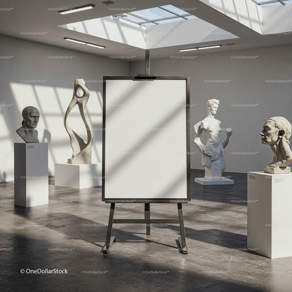 Modern art gallery with sculptures and blank canvas JPG Mockup Image