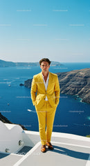 Man in Yellow Suit Standing by Coastal Cliffs