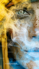 Before and after Yellow-Blue Smoke Photo Overlays effect