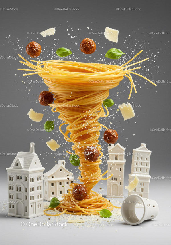 Spiral of spaghetti with meatballs and basil in midair