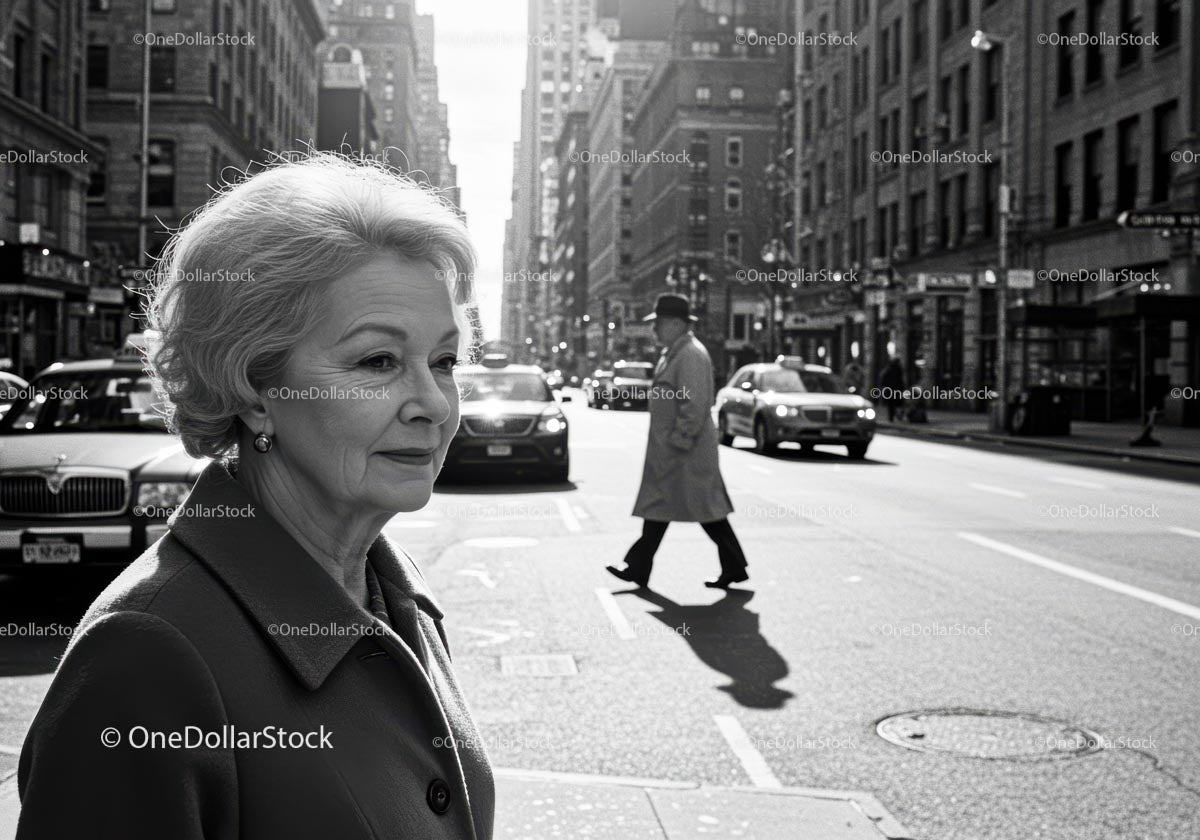 Elderly Woman in Busy City Street Surrounded by Vintage Cars