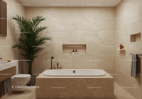 Elegant Modern Bathroom with Beige Marble Tiles and Green Indoor Plant