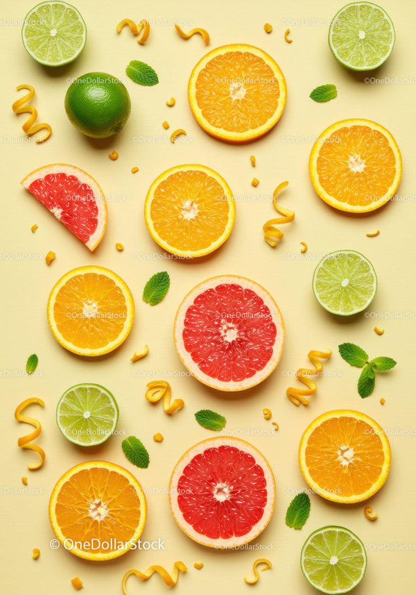 Fresh citrus slices with mint on pastel background