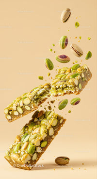 Crunchy Pistachio Nut Bars Breaking Apart Mid Air