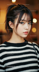 Stylish Young Woman in Black and White Striped Sweater with Fashionable Hair