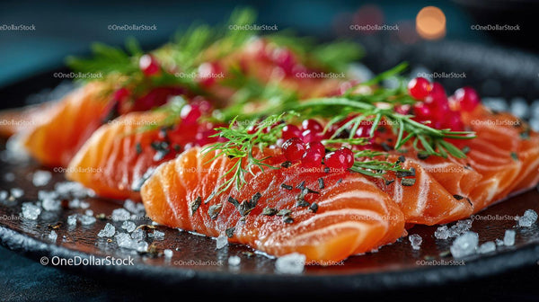 Fresh Salmon Fillet with Green Herbs and Red Currants on Dark Platter