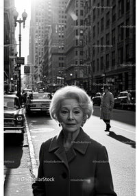 Elegant Elderly Woman in Coat Walking on City Street in Black and White