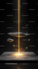 Futuristic Glowing Golden Beam with Floating Rocks in Space Scene