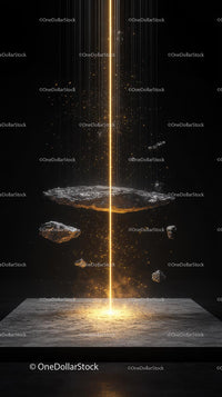 Futuristic Glowing Golden Beam with Floating Rocks in Space Scene