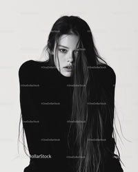 Black and White Portrait of a Woman with Long Hair and Intense Expression