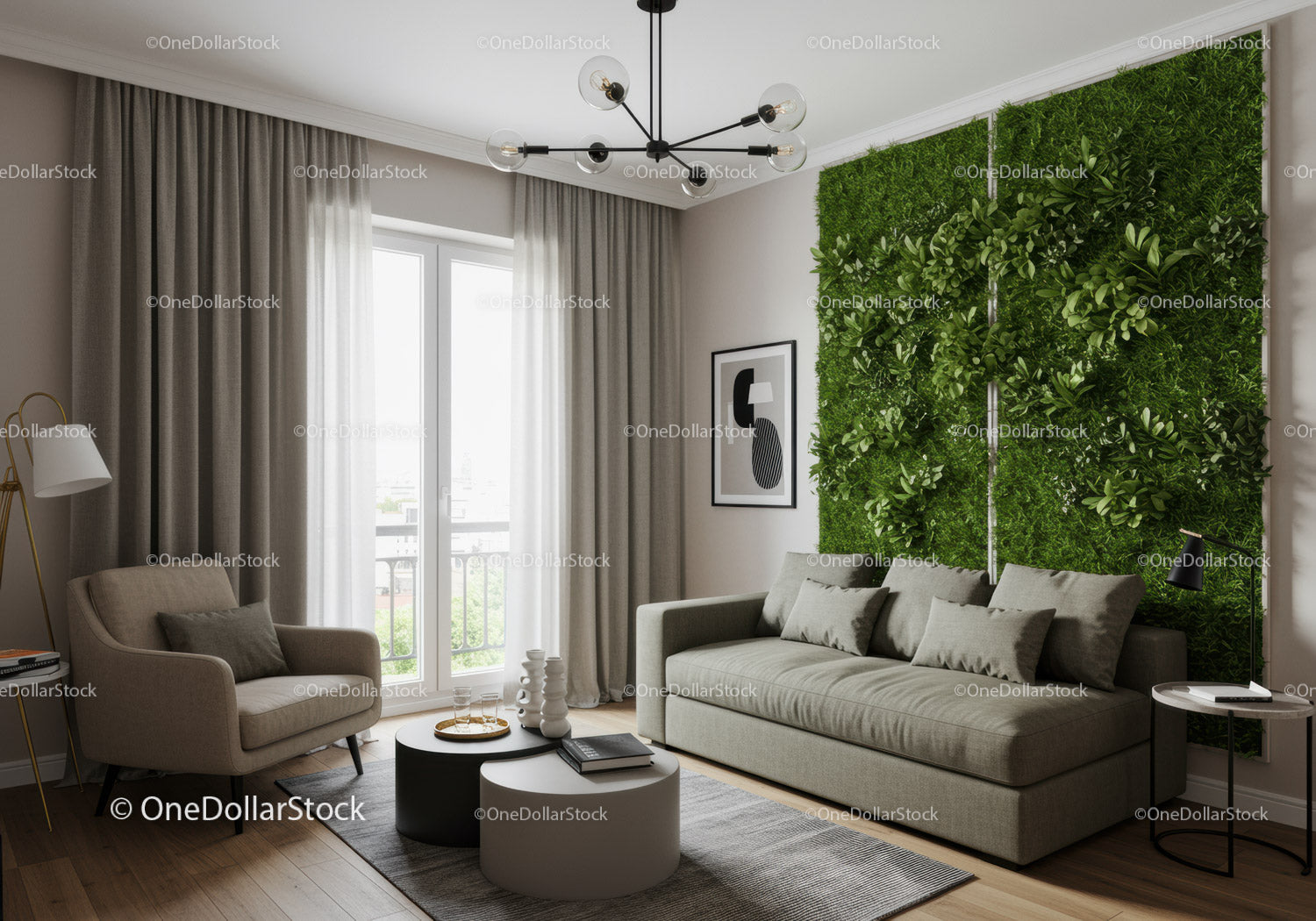 Nowoczesny salon z zieloną ścianą roślinną i wygodnymi siedziskami