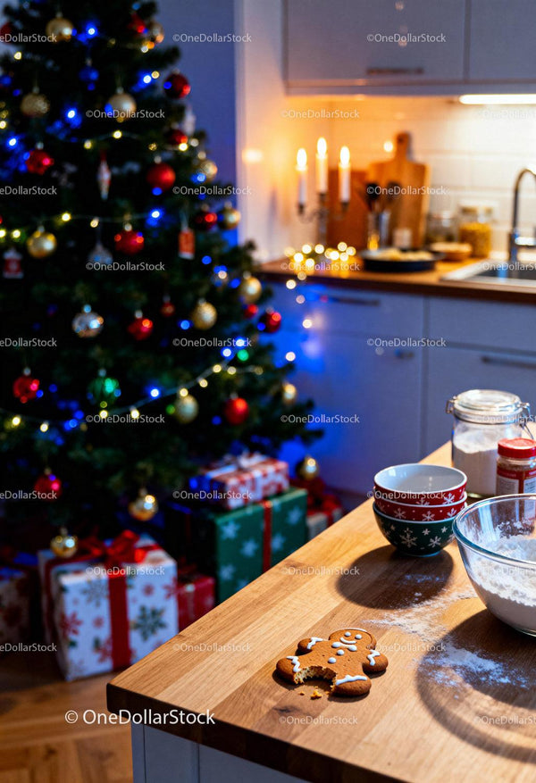 Cozy Christmas Baking Scene with Gingerbread Cookie