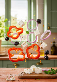 Fresh ingredients suspended midair for Greek salad